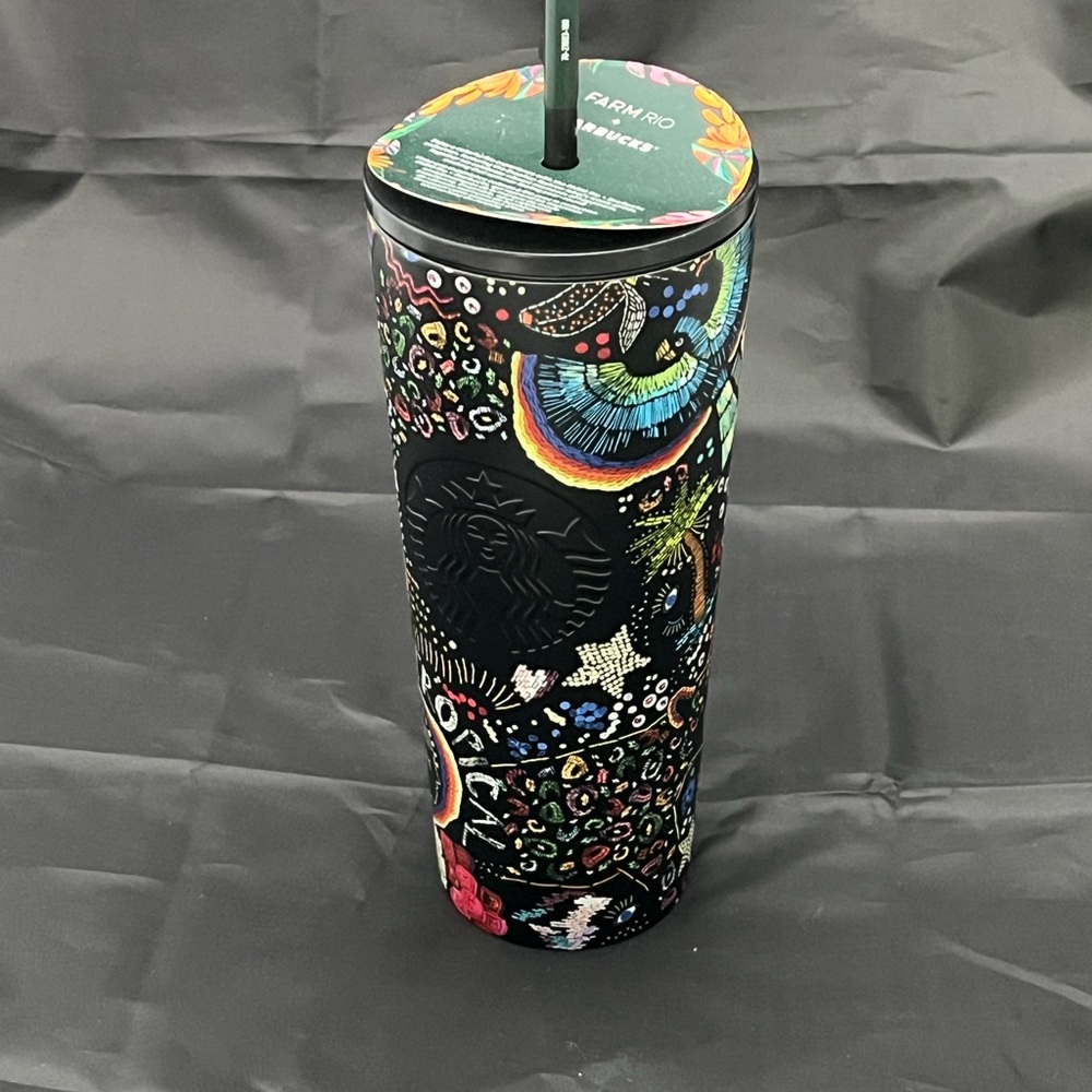 Starbucks Farm Rio Summer 2025 Black Rainbow Tropical 24 oz Tumbler Metal